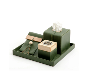 Ensemble Mabkhar en cuir de qualité supérieure de couleur verte taille et forme personnalisées Mabkhar avec boîte à mouchoirs et plateau - Product Image 1