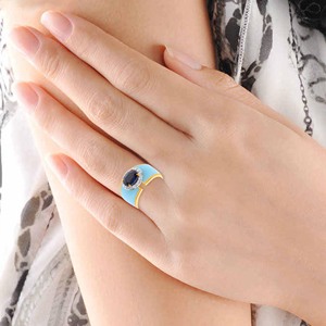 Anillo de Oro de 18K con Zafiro y Diamantes, Corte Ovalado, Zafiro Azul, Diamantes Engastados en Pavé, Banda de Esmalte Azul Claro, Anillo de Declaración para Mujer - Product Image 2