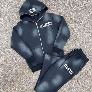 Ropa de calle personalizada para niños, sudadera holgada con capucha y pantalones apilados, chándales de lavado ácido para niños, chándales acampanados recortados estampados DTG - Product Image 2