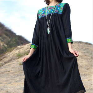 Robe longue trapèze en coton mexicain voilé, magnifique, unique, faite main, avec détails de franges à nouer aux poignets, grande taille, en jersey - Product Image 1