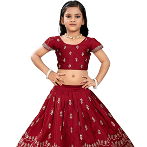 Conjunto de Lehenga Choli Tradicional Bordado con Flores de Shoryam Fashion para Niñas, Color Granate, Mangas Abullonadas, Largo hasta el Suelo, para Fiestas - Product Image 1