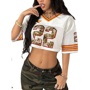 OEM Oversized V-Neck Tshirts for Women Custom Letter Print <b>Drop</b> Shoulder Streetwear Cropped Top Mesh Jersey - Product Image 1
