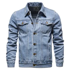 Nieuwe Mode Lange Mouw Heren Denim Blauw Jean Jasje Patroon Bomberjack Print Stof Slanke Custom Merk Denim Rauw Gewassen