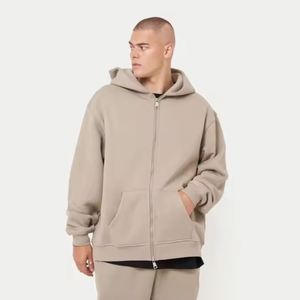80% Algodón 20% poliéster de gran tamaño con cremallera frontal Sudadera con capucha gris verde acanalado dobladillo puños hombro caído estilo de invierno 100% Material de algodón - Product Image 1