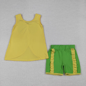RTS Girls Yellow Sleeveless Green Bows Tops Ruffle Shorts Set <b>Clothes</b> - Product Image 2