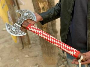 Steel Craft International Industrial Grade Damascus Steel Double Head <b>Axe</b> Head Ash <b>Wood</b> Handle 18-Inch Length Hunting Outdoor - Product Image 4