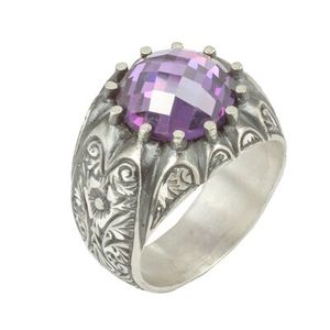 Anillo de Plata de Ley 925 para Hombre, Hecho a Mano, con Forma de Planta, con Piedra de Amatista Sintética, Diseño de Bolígrafo, Chapado en Oro Rosa de 18K, con Incrustaciones, para Regalo - Product Image 1