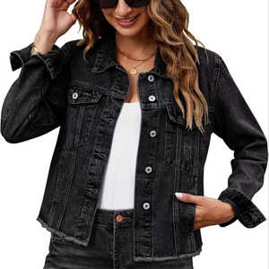 Chaqueta vaquera para mujer, personalizada con estampado, estilo camionero vintage, con botones, dobladillo deshilachado, bolsillos, impermeable - Product Image 1