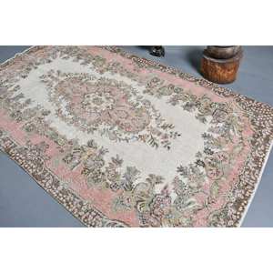 พรมตุรกีวินเทจ5.4 x 9.4ft เบจสีชมพูแบนสานขนสัตว์เย็บปะติดปะต่อกันลวดลายสำหรับห้องนั่งเล่นห้องโถงตกแต่ง - Product Image 4