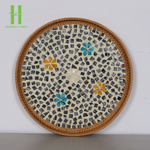 Bandeja redonda de bambú Vintage rústica hecha a mano de alta calidad con incrustaciones de nácar, uso de cocina bohemio de grado alimenticio, decoración del hogar, Vietnam - Product Image 1