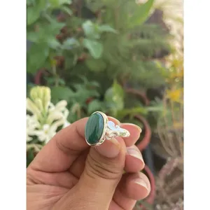 <b>925</b> <b>Silver</b> Natural Malachite Gemstone <b>Ring</b> Fashionable Romantic Classic Bezel Claw Inlay Setting Eye Geometric Pattern Gift - Product Image 3