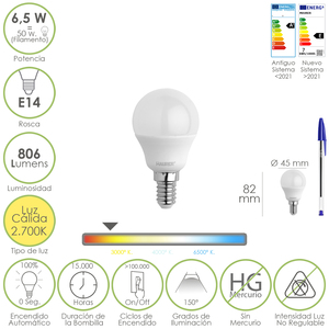 Lampadina LED a Sfera con Attacco E14 6,5 Watt. Corrisponde a 50 Watt. 806 Lumen. Luce Calda 2700o. K. - Product Image 1