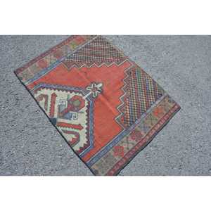 Turkish Small Eco-Friendly Latex Backing Rug 4x3 ft Vintage <b>Red</b> Patchwork <b>Wool</b> Rug - Product Image 2