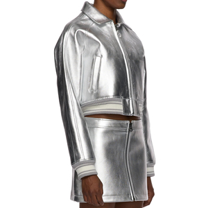 Veste en cuir de peau de vache argentée pailletée tendance hip hop body vestes en cuir surdimensionnées pour femme - Product Image 3