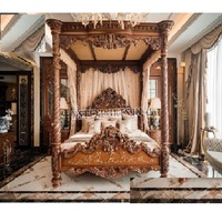 Lit à baldaquin en teck sur mesure, thème vintage, design royal, détails sculptés lourds, marqueterie traditionnelle, durable, personnalisable