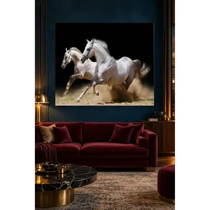 Fida Deux chevaux blancs qui font voler la poussière sur fond noir, impression sur toile - Product Image 5