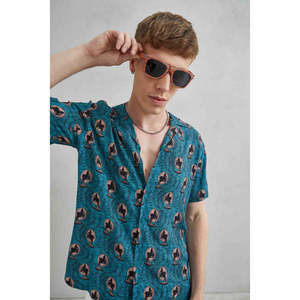เสื้อฮาวายย้อนยุควินเทจสำหรับผู้ชายสีฟ้าคราม100% ลายพัดวินเทจ - Product Image 1