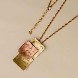 Modern Geometric Mixed Metal Pendant Necklace With Hammered Copper And Brass Squares Layered Design Contemporary Fashion - Product Image 1