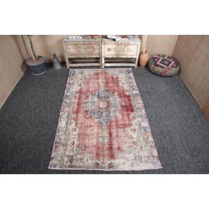 Vintage Turkish Accent Rug 4.6x7.5 ft, <b>Red</b> Blue Floral <b>Wool</b> Rug - Product Image 1