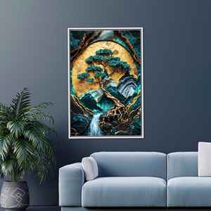 ศิลปะบนผืนผ้าใบโกลเด้นมูนบอนไซ - ภาพพิมพ์ตกแต่งสไตล์เซนที่หรูหรา พร้อมกรอบสีขาว - Product Image 1