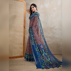 Sari traditionnel festif de mariage, imprimé ikat brun, chanderi, vêtement de cérémonie pour femmes, boutique indienne, design Bollywood, sari noir - Product Image 4