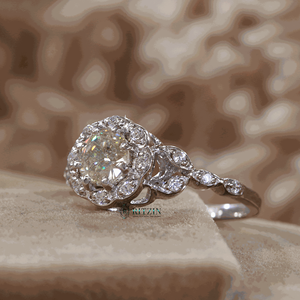 Off-White 6MM Round Cut Moissanite Halo Floral Style Sterling Silver Prong <b>Set</b> Engagement <b>Ring</b> for <b>Women</b> - Product Image 2
