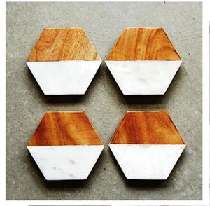 Hexa Brass Inlay White & <b>Gold</b> Marble Set of 4 Table Coaster Natural Wood and Marble Mango coaster Made in India - Product Image 2