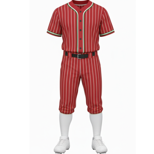 ชุดเบสบอลลายทางสีแดงขาวแบบมืออาชีพ เสื้อเจอร์ซีย์ติดกระดุมเต็มตัว พร้อมขอบตัดสีเขียวขาว และกางเกง - Product Image 2