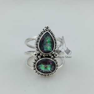 Mystic Topaz Sterling Silver Handmade <b>Statement</b> Women's <b>Ring</b> Dual Oval Cut Gemstone Gift for Her Birthday Anniversary Christmas - Product Image 3