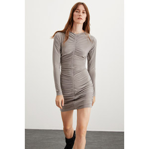 ETHIQUET KATRINA Women's Stretch Sandy Fabric Fully Drape Look Body-Hugging <b>Long</b> <b>Sleeve</b> <b>Midi</b> <b>Dress</b> - Product Image 2