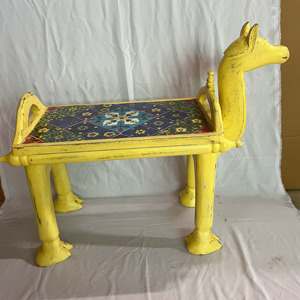 Handcrafted Rajasthani Hand-Painted Wooden Camel Face Yellow Color With Ceramic Tiles Fitted End Table Nighstand - Product Image 4