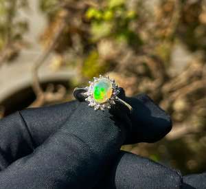 Women's 925 Sterling <b>Silver</b> Cocktail <b>Ring</b> with Round Brilliant Cut Diamond and Prong Set <b>Opal</b> Rhodium Plated Minimalist Design - Product Image 2