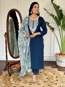 Premium 3 piezas indio pakistaní Salwar Set para adultos nuevo lanzamiento hermosa viscosa Slub calidad bordado Kurti Pant - Product Image 4