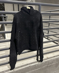 เสื้อฮู้ดผู้ชายสีดำเสื้อฮู้ดผู้ชายทรงหลวมลายพลอยเทียมโอเวอร์ไซส์ซักได้ตามต้องการแนวสตรีทแวร์ - Product Image 4