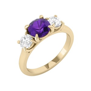 Amethyst Trilogy Ring Round Lab Grown Diamond Purple Amethyst 1.50 Ct F-SI2 14K Solid Gold Trilogy Setting <b>Peaceful</b> Jewelry - Product Image 3