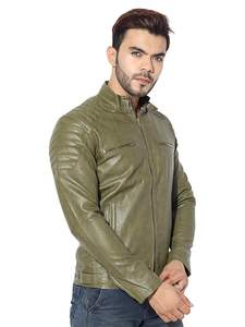Blouson aviateur en cuir d'extérieur à la mode blouson chaud de couleur unie pour hommes avec plusieurs poches - Product Image 2