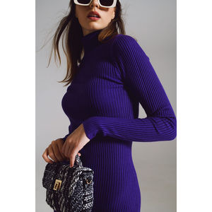 เดรสไหมพรมสีม่วงทรงบอดี้คอน คอเต่า แต่งโครเชต์ สไตล์ลำลอง สำหรับฤดูใบไม้ร่วงและฤดูร้อน ตกแต่งด้วยกระดุม ผลิตจากไนลอนธรรมชาติ - Product Image 5