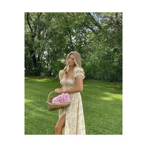 Gonna a spacco a taglio largo da donna con collo a cravatta a maniche corte abito estivo bianco floreale - Product Image 3