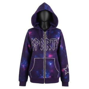 Sudadera con Capucha y Cremallera con Estampado de Galaxia para Mujer, Tela de Felpa de Poliéster, Logotipo Deportivo con Pedrería, Personalización Disponible, Sudaderas Básicas con Cremallera - Product Image 1