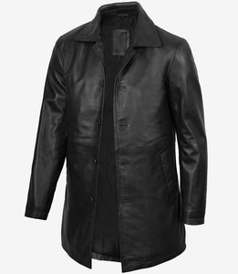 Manteau long vintage noir pour homme en cuir véritable imperméable en peau de vache avec col rabattable et boutons en corne amovibles WEAVEON - Product Image 3