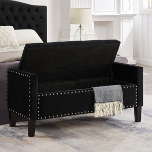 Banc de rangement <span class=keywords><strong>capitonné</strong></span> en <span class=keywords><strong>velours</strong></span> noir de 48 pouces avec garniture cloutée, banc de lit rembourré avec accoudoirs pour entrée, chambre et salon - Product Image 3