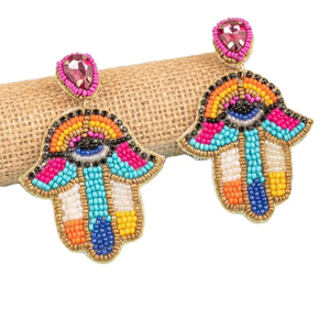 Pendientes colgantes Hamsa con cuentas de semillas elegantes hechos a mano para mujer, Pendientes colgantes llamativos de moda para Bodas de glowin fashion - Product Image 1
