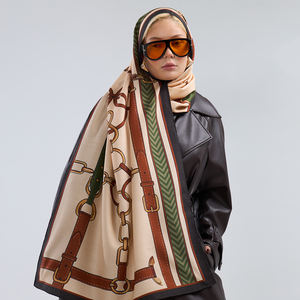 Heritage Equestrian Belt Chain Motif Classic <b>Silk</b> Wool Long Casual Shawl Hand Rolled Hem Luxury Winter Warm Pashmina - Product Image 3