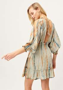 ชุดมินิเดรสมัดย้อมคอวีของผู้หญิงเป็นมิตรต่อสิ่งแวดล้อมพร้อมผ่าเอวยางยืดมีระบายแขนแยกซักได้ทำในอินเดีย - Product Image 5