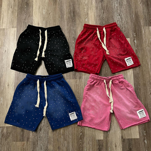 กางเกงขาสั้นสำหรับผู้ชายกางเกงขาสั้นสไตล์สตรีทแวร์สำหรับผู้ชายผ้าฝ้าย100% ทรงหลวมซีดจางพร้อมพลอยเทียมสไตล์ลำลอง - Product Image 3