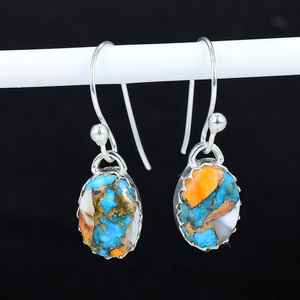 Boucles d'oreilles Turquoise épineuse orange 925 en argent Sterling fait à la main bijoux pendants en pierres précieuses cadeau de Style Boho ethnique Unique pour elle - Product Image 1