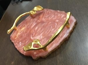 Latest Design Resin Serving <b>Tray</b> Snacks Serving <b>Tray</b> Golden Metal Leaf Design Handle for Home <b>Kitchen</b> Office Gifting on Sale - Product Image 2