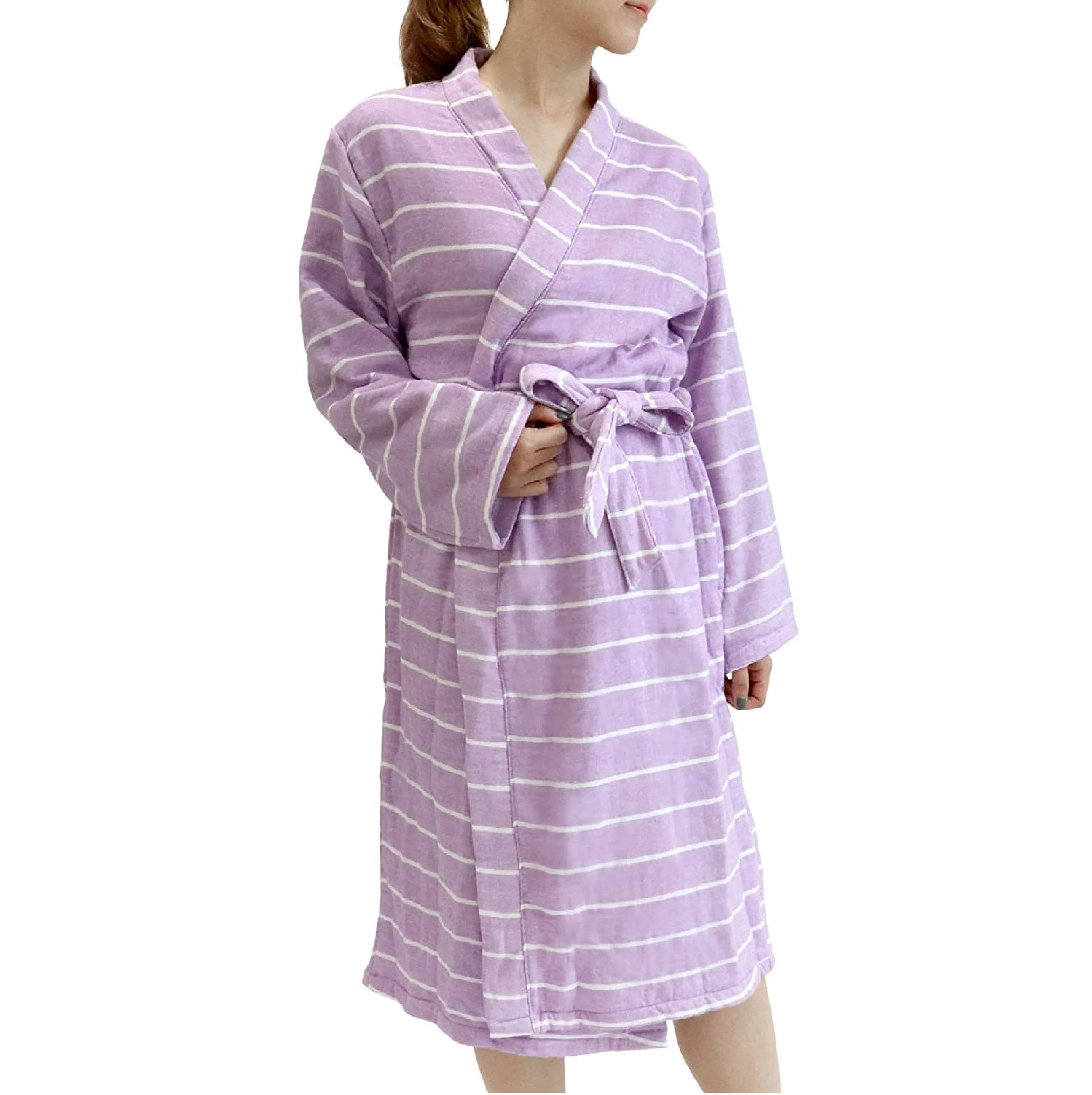 [Wholesale Products] HIORIE Cotton 100% Stripe Gauze Towel Bathrobe Women Sleepwear Kimono Pajama Lounge made in Japan Lavender
