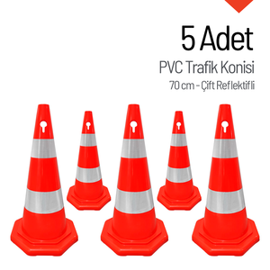 Ensemble de 5 cônes de signalisation en PVC de 70 cm, doublement réfléchissants, octogonaux, produits d'avertissement routier - Product Image 1