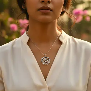 Collier pendentif fleur en argent 925 avec breloques en pierres précieuses, style religieux, bijoux pour femmes avec cristaux, diamants, perles - Product Image 2